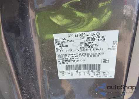 2005 Ford F-250 Lariat/Xl/Xlt из США, поврежденный, VIN 1FTSX21P65EB81241